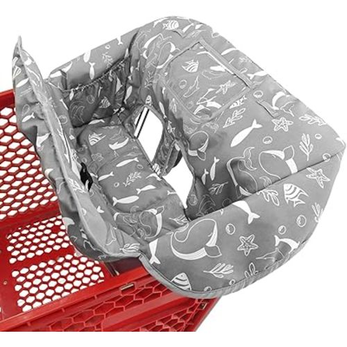 2-in-1 Shopping Cart and High Chair Cover for Baby, Padded Cover, Fold'n Roll Style, Portable with Carry Bag (Gray Seaworld)