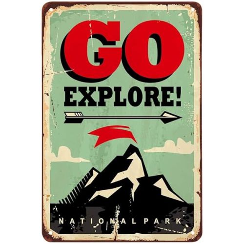 AOYEGO Go Explore Tin Sign,National Park Camping Explore Adventure Life Vintage Metal Tin Signs for Cafes Bars Pubs Shop Wall Decorative Funny Retro Signs for Men Women 8x12 Inch