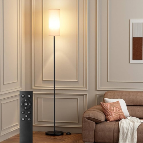 Ambimall 66'' Floor Lamps for Living Room with Remote Control and Stepless Dimmable Colors Temperature & Brightness, 9W Bulb Included(Beige Lampshade & Black Pole)