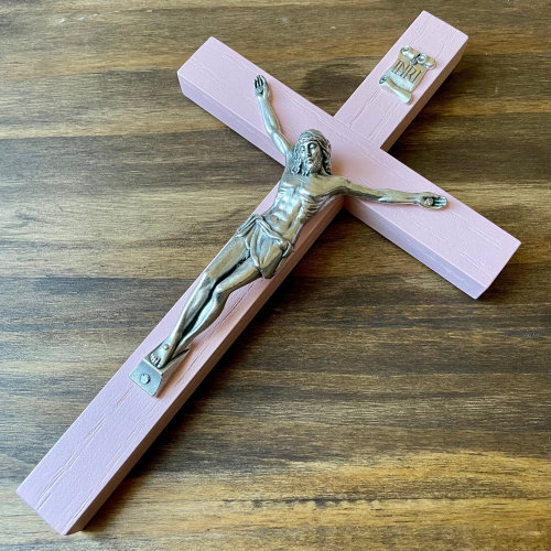 8&quot; Wall Crucifix Wood Baby Pink Decor Christ Cross Crucifijo Catholic Mercy Cruz Made in USA