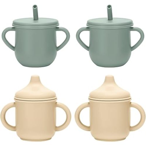 Silicone Toddler Cups Set, 2 Straw Cups and 2 Sippy Cups for 6+ Months Baby, Leakproof Spillproof Training Cups with Handles, Easy Clean (Green+Beige)