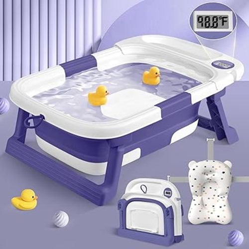 Collapsible Baby Bathtub for Newborn to Toddler, Portable Foldable Baby Bathtub with Soft Cushion and Water Thermometer,No-Slip Hanging Travel Baby Bathtub for Infants 0-36 Months,SalviaBlue