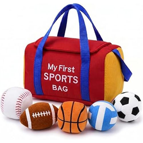 My First Sports Bag Plush, Baby Sports Toys Plushie with 5 Pcs Ball Plushy for Toddlers, First Birthday Gifts for Boys Girls