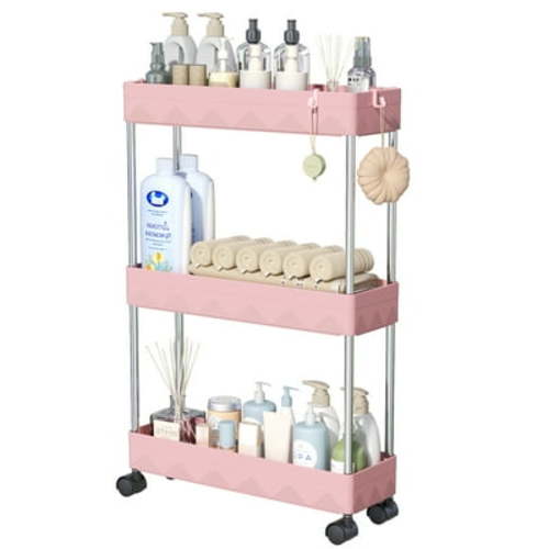 3 Tier Slim Rolling Storage Cart, Slim Cart Bathroom Storage Organizer Rolling Utility/ Mobile Shelving Unit Slide Out Storage Cart for Office, Bathroom, Kitchen, Laundry Room & Narrow Places, Pink