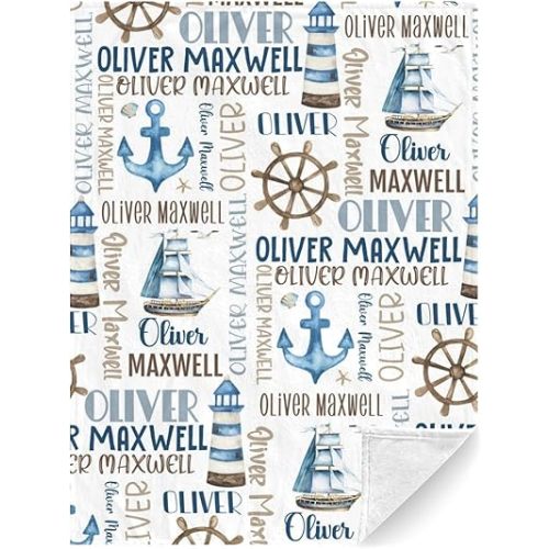 Personalized Baby Blanket for Boys, Custom Baby Blanket with Name, Nautical Blanket Sailboat Anchor Baby Blanket, Nautical Swaddle Blanket for Toddlers Kids Newborn