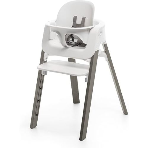 Stokke Steps High Chair - Hazy Grey Legs & White Seat - 5-in-1 Seat System - Includes Baby Set - Suits Babies 6-36 Months - Chair Holds Up to 187 lbs. - Tool Free & Adjustable