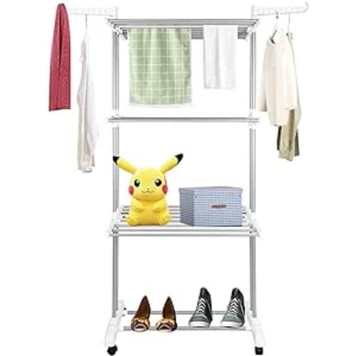 Bigzzia Clothes Drying Rack, Folding Stainless Steel Drying Rack Clothing Indoor Outdoor, Space-Saving, 4 Tier Laundry Drying Rack with Two Side Wings -Grey White : Home & Kitchen