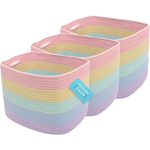 OrganiHaus Set of 3 Cute Rainbow Storage Basket for Toys & Cloths, Cotton Rope Basket for Decor, Shoe Basket Organizers, Decorative Pastel Storage Bins, Woven Storage Baskets for Organizing