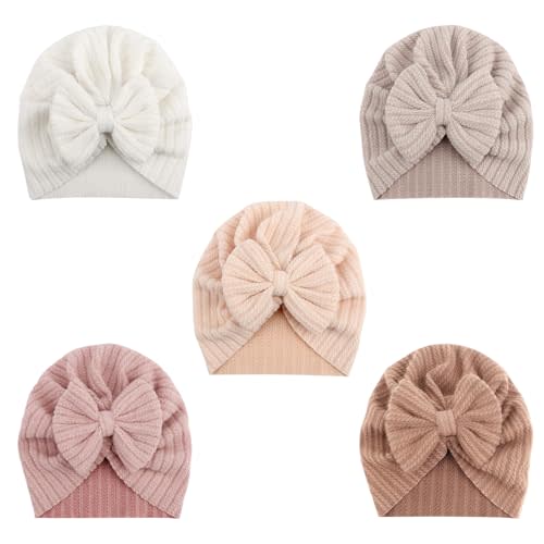 DRESHOW BQUBO 5 PCS Baby Cotton Hats Big Bow Knotted Headwrap Turban Baby Infant Beanie Baby Girl Soft Toddler Cap for Winter