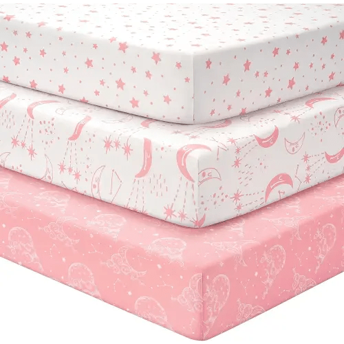 Baby Crib Sheets for Boys Girls, Fitted Crib Sheet Neutral 3 Pack for Standard Crib and Toddler Mattress, Breathable Soft Microfiber Baby Sheet 28x52x8in Pink White Moon