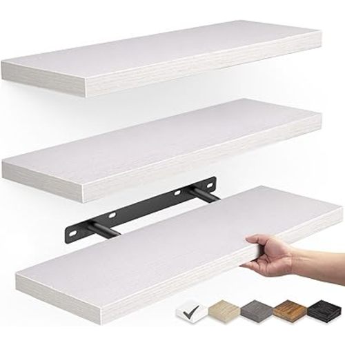 BAYKA Floating Shelves for Wall – Rustic Wood Wall Shelves with Metal Brackets for Bathroom, Bedroom, Kitchen, or Living Room Decor Organization – White, Set of 3, Sturdy Storage with 22lb Capacity