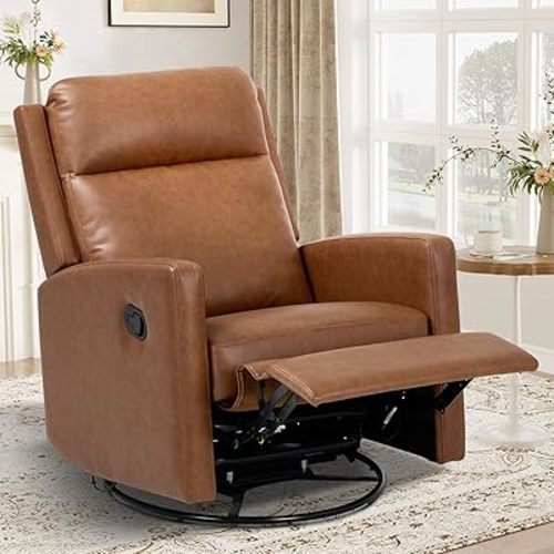 COLAMY Swivel Rocking Recliner,Wide PU Leather Glider Sofa Chair with Ergonomic High Backrest for Living Room, Office, Bedroom(Cocoa)