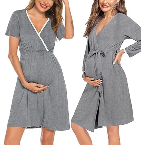 SWOMOG Maternity Robe Nursing Nightgown 3 in 1 Labor Delivery Birthing Gown for Hospital Breastfeeding Bathrobes Lace Dress