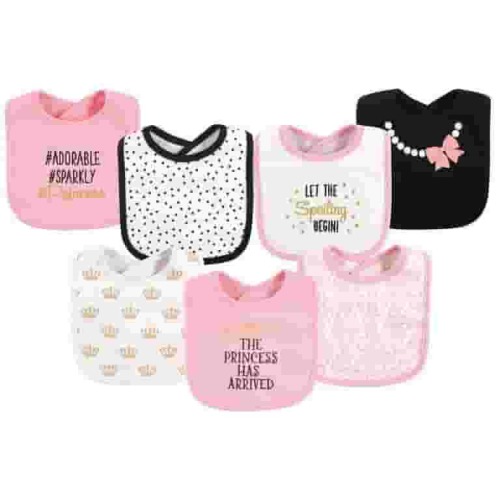 Hudson Baby 7pk Cotton Drooler Bibs for Infant Girls, Princess Theme, One Size