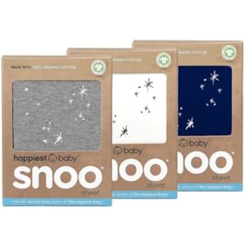 Happiest Baby SNOO Bassinet Fitted Sheet - 100% Organic Cotton Nursery Bedding - Fits SNOO Sleeper Crib Mattress - 3-Pack Bundle (White, Grey, Navy)