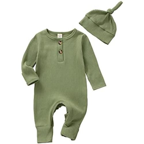 Infant Boys Girls Clothes Set Newborn Baby Romper Hat Ribbed Knit Long Sleeve Button Solid Bodysuit Jumpsuit