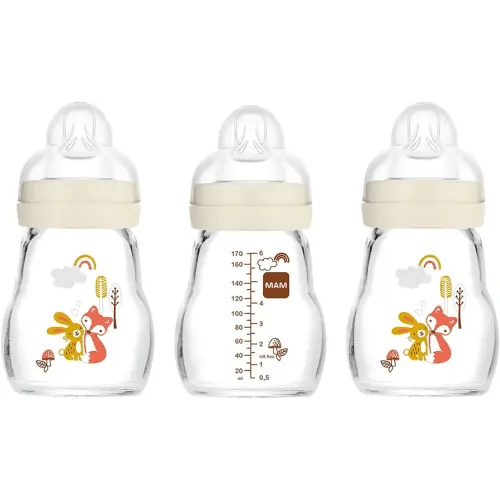 MAM Feel Good Slow Flow Premium Glass Bottle, Easy Switch Between Breast and Bottle, 5oz, 0+ Months, Unisex, 3 Pack