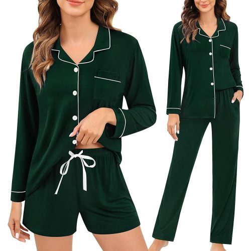 SWOMOG Womens 3pcs Button Down Pajamas Set Short Sleeve Sleepwear Bride Pj Lounge Set with Long Pants