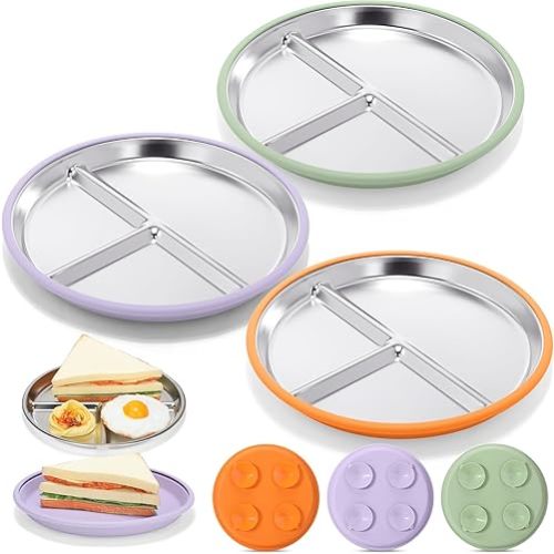 Nuogo 3 Pack Stainless Steel Kids Plates with Suction 9” Divided Toddler Plates with Silicone Sleeves 2-in-1 Baby Bowl for Baby LED Weaning Feeding Set, Dishwasher Safe (Green,Orange,Purple)