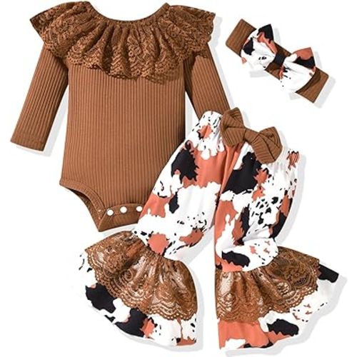 HINTINA Newborn Baby Girl Short Sleeve Bodysuit Flared Pants Ribbed Outfits