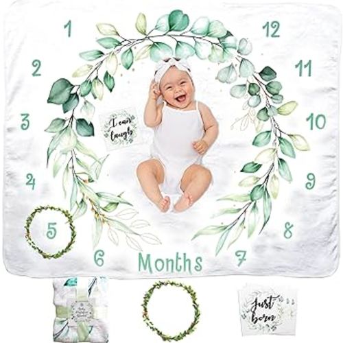 Evovee Baby Monthly Milestone Blanket Girl Boy Unisex Gender Neurtal Month Age Photo Photography Backdrop Newborn Props Nursery Decor Fleece Marker New Moms - Eucalyptus Leaves Floral