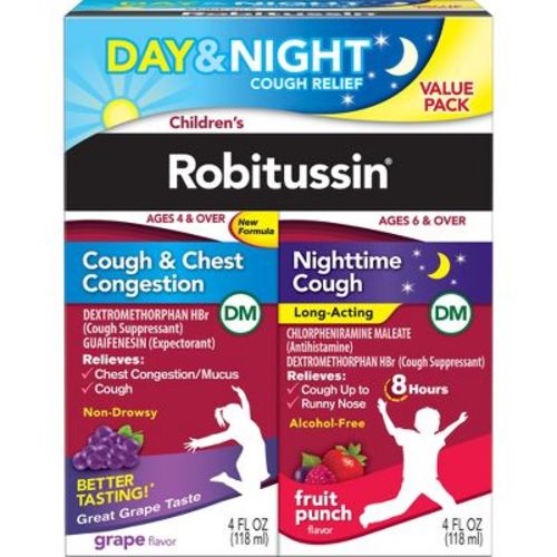Children's Robitussin Day/night Cough & Chest Congestion Dm - Dextromethorphan - Grape & Fruit Punch Flavors - 4 Fl Oz/2pk