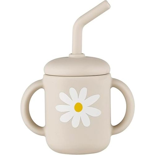 Stephan Baby 100% Silicone Training Cup Lid & Straw for Babies Toddlers, 4-Ounce, Daisy