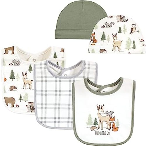 Hudson Baby Unisex BabyCotton Bib and Headband or Caps Set