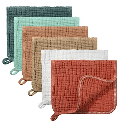 Hicarer 6 Count Muslin Burp Cloths Cotton Baby Burping Rags Large 20 x 10 Inch 6 Layers Spit up Rags Soft Absorbent Multicolor Wash Cloths Diapers for Newborn Baby Girl Boy(Cute Color Series)