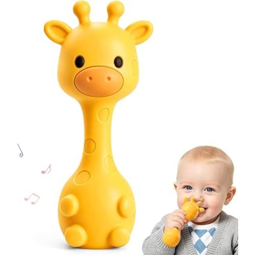 Baby Rattles Teething Toys 3-6 6-12 Month, Multi-Functional BPA-Free Silicone Teether Toys for Teething Relief & Sensory Rattle Play, Perfect Infant Newborn Toys & Baby Gifts (Yellow)