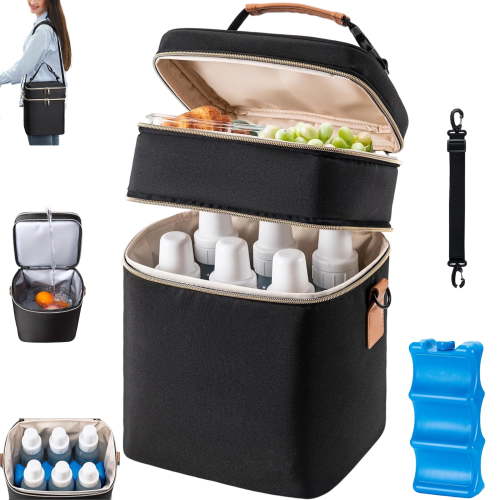 KANOHENO Breast Milk Cooler Travel Bag with Ice Pack,Fits 6 Baby Bottles Up to 9 Ounce,Insulated Baby Bottle Tote Bags,Double Layer Waterproof Leak-Proof with Shoulder Strap for Nursing &Working Mom