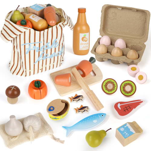 Wooden Play Food Sets for Kids Kitchen, Food Toys for Toddlers 3+ Year Old, with Shopping Bag, Pretend Food Play Kitchen Cutting Fruits Vegetables Toys, Gift for Boys Girls Educational Toys