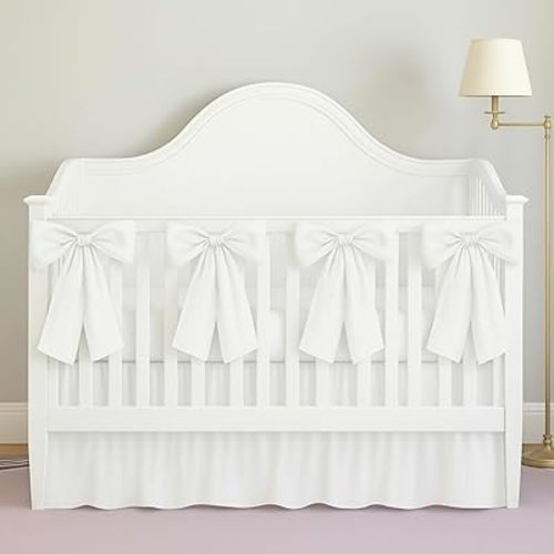 White Crib Bed Skirts with 4 Large Cot Bow 28" x 52" Baby Crib Skirt for Boys Girls Nursery Toddler Bedskirt Dust Ruffle 14" Drop(Ruffle)