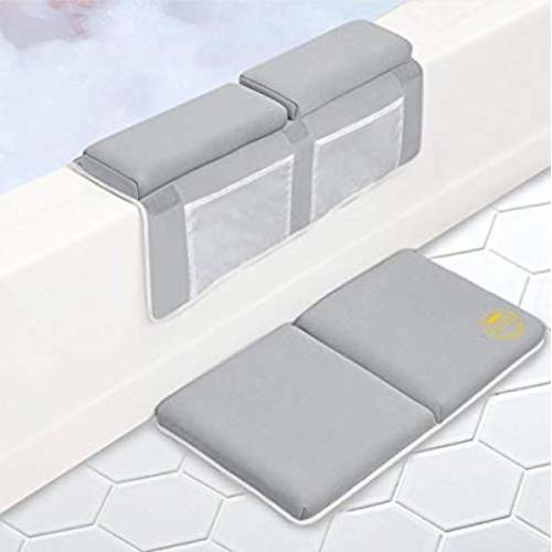 Luxe Little Ones Baby Bath Kneeler & Elbow Rest Pad Set - Non Slip, Thick Foam Cushion, Knee Saver Bathtub Mat With 4 Large Toy Organizer Pockets - Tub Kneeling Kit For Infant Bathing Time - Grey