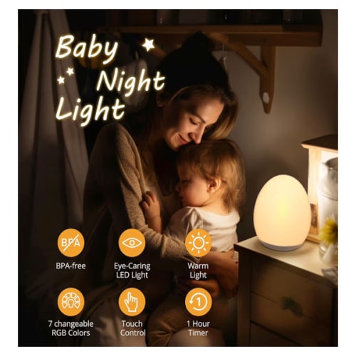 JolyWell Night Light for Kids, Baby Night Light with 7 Colors Changing Mode & Stepless Dimming, Nursery Night Light BPA Free,Rechargeable Egg Night Light for Breastfeeding 1h Timer & Touch Control
