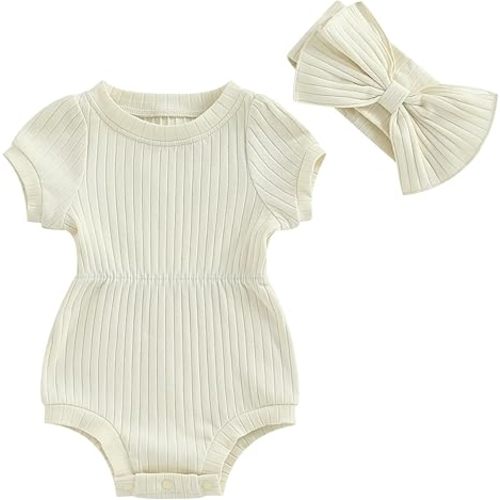 Newborn Baby Girl Summer Clothes Ribbed Knit Short Sleeve Romper Onesie Bodysuits Jumpsuit with Headband Outfit - Beige - 3-6 Months