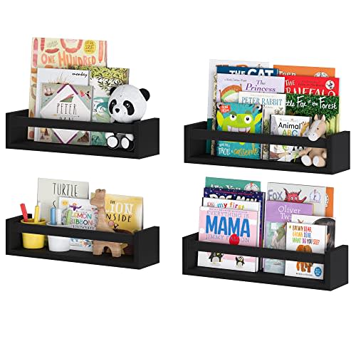 Wallniture Utah Floating Shelves for Wall, Kids Bookshelf and Wood Wall Shelves for Nursery Decor, Set of 4, Black