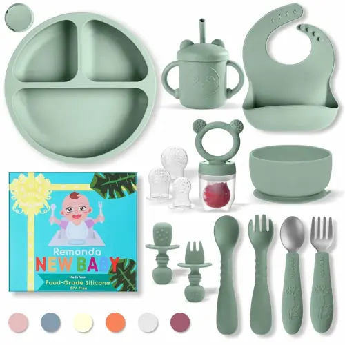 Baby Led Weaning Supplies,Silicone Baby Feeding Set, Baby Gifts,Suction Plate Bowl Set, Self Feeding Utensil Sets, Bib, Cup, Fruit Feeder, First Stage Eating Essentials, 6+ Months（Green）