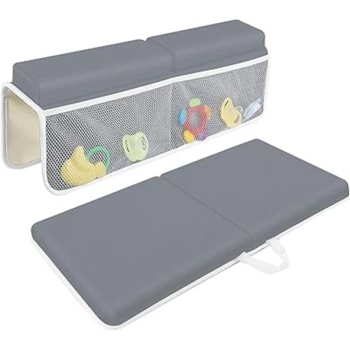 JJGoo Bath Kneeler with Elbow Rest Pad Set, 1.5 inch Kneeling Pad Mat for Bathtub Baby Bathing Parents, Painless Foam Mat with Toy Organizer Pockets, Non-Slip for Baby and Toddler Bathing,Dark Grey