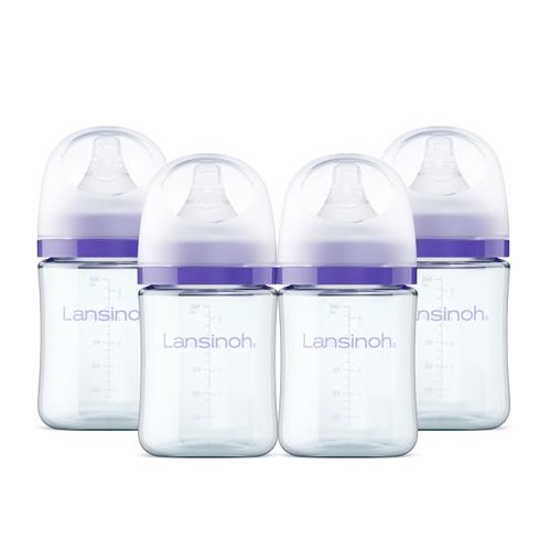 Lansinoh Anti-Colic Glass Baby Bottles, 5 Ounces, 4 Count Bottles for Feeding, Baby Essentials, Includes 4 Slow Flow Nipples, Size S