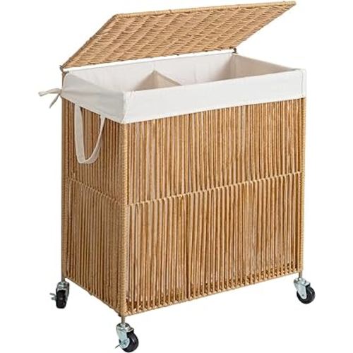 WOWLIVE Laundry Hamper with Wheels, Handwoven Rolling Laundry Basket with Lid, Clothes Hamper with Divided Removable Liner Bag, 115L Large Capacity Laundry Sorter Laundry Room Organization, Natural