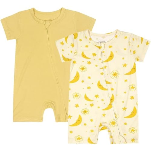 Teach Leanbh Baby Boys Girls 2 Pack Bamboo Viscose Pajamas 2 Way Zipper Short Sleeve Romper Jumpsuit Sleep and Play - 3-6 Months - Yellow/Star Moon