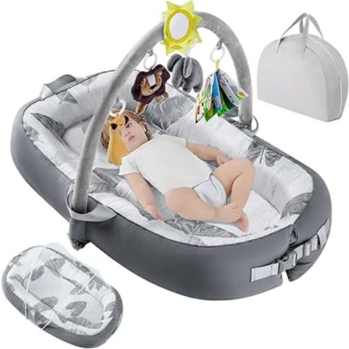 Portable Baby Lounger for Travel,Breathable & Comfortable 100% Cotton Infant Lounger, Baby Nest 0-24 Months Machine-Washable Newborn Lounger,Newborn Essentials (Gray)