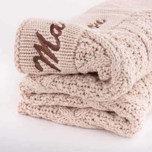 Personalised Beige Baby Blanket Diamond Knitted