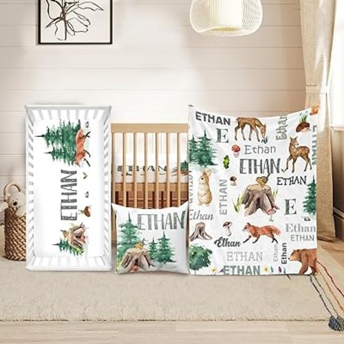 Custom Crib Bedding Set - Woodland Animals Design Personalized Name Baby Nursery Bedding 3 Pcs Set - Chic Soft Blanket, Sheet, Pillowcase for Newborns Boys Girls Gifts Color21