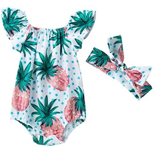 Winmany Newborn Baby Floral Romper Ruffle Sleeveless Infant Girl Summer Cotton Jumpsuit Bodysuit + Bowknot Headband