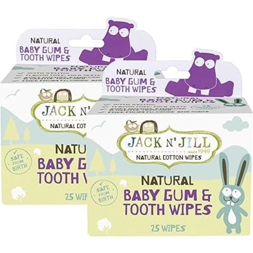 Jack N' Jill Baby Gum & Tooth Wipes - Natural & Safe, Contains only Water & Xylitol, Soft Cotton, Free from Fluoride & Sugar, Baby Mouth Wipes - 25 Individually Wrapped Wipes (Pack of 2)