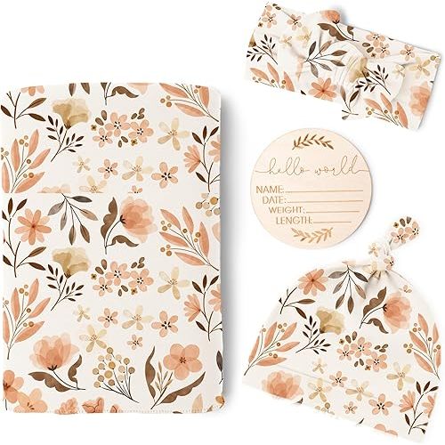 Konssy Baby Girl Newborn Receiving Blanket with Matching Headband and Beanie Set Baby Swaddle Floral Print Nursery Swaddle Wrap