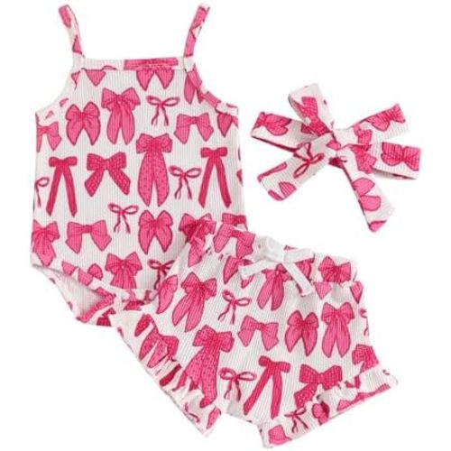 Baby Girl Summer Outfits Floral Print Sleeveless Romper with Ruffled Shorts and Bow Headband 3 Pcs Clothes Set