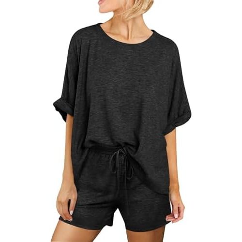 Tankaneo Womens 2 Piece Lounge Sets Oversized Short Sleeve T-shirts Drawstring Shorts Pajamas Summer Outfits